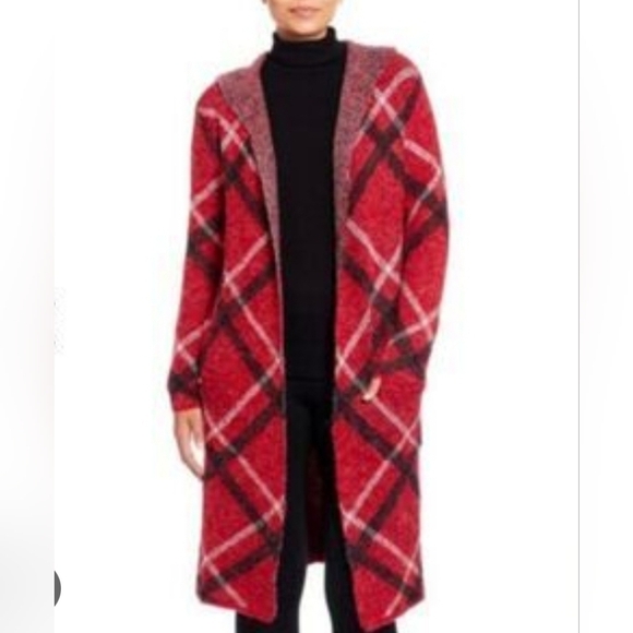 Joseph A Sweaters - JOESEPH . A Plaid Red and Black Women's LONG Hooded  Sweater Cardigan Sz S NWT